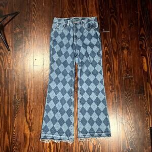 Size 13 Y2K Flare Jeans Blue Argyle Diamond Print Wide Leg 2000s